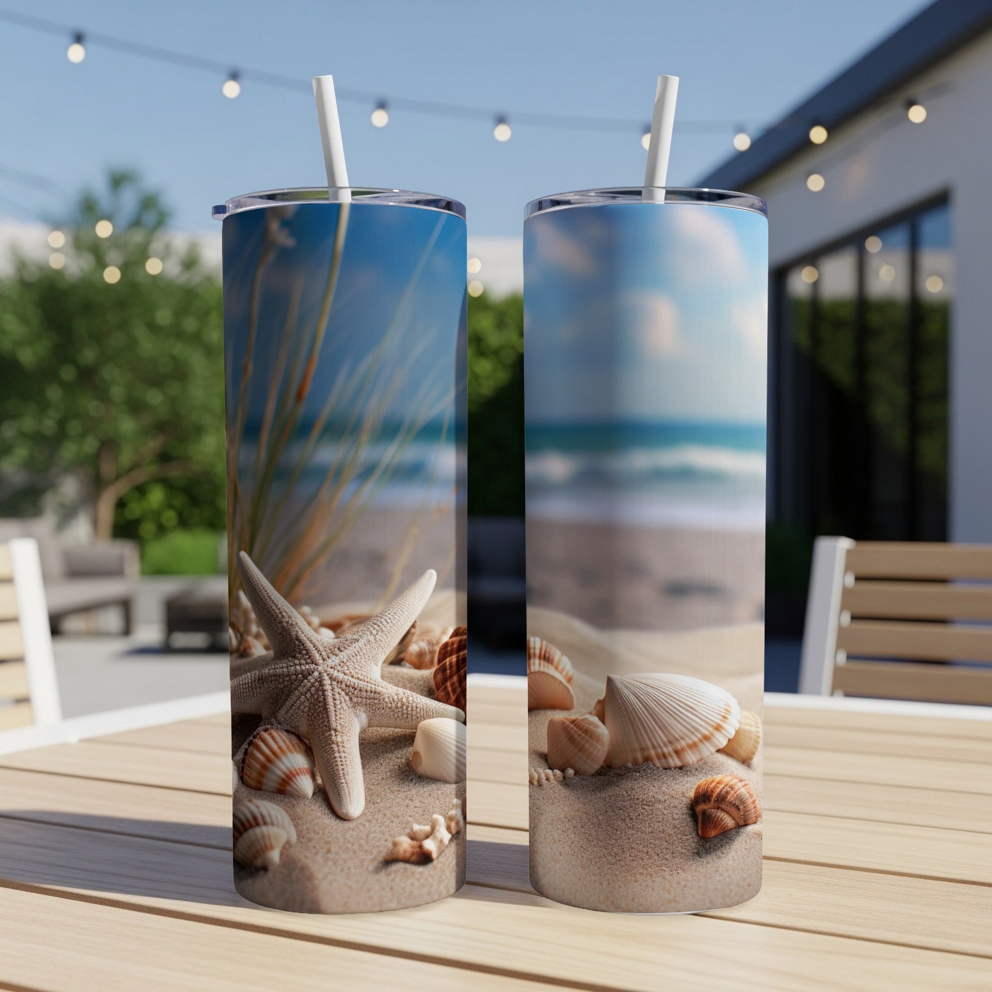 Two tumblers with beach scene, starfish, and shells.