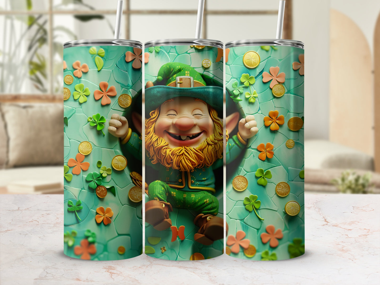 Happy leprechaun with shamrocks and coins on a teal tumbler.