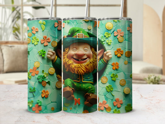 Happy leprechaun with shamrocks and coins on a teal tumbler.