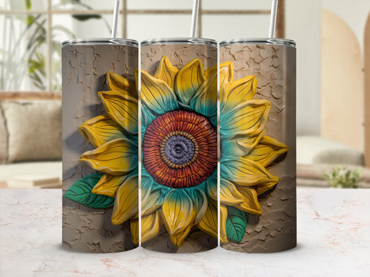 Sunflower tumbler with textured floral design and brown background.