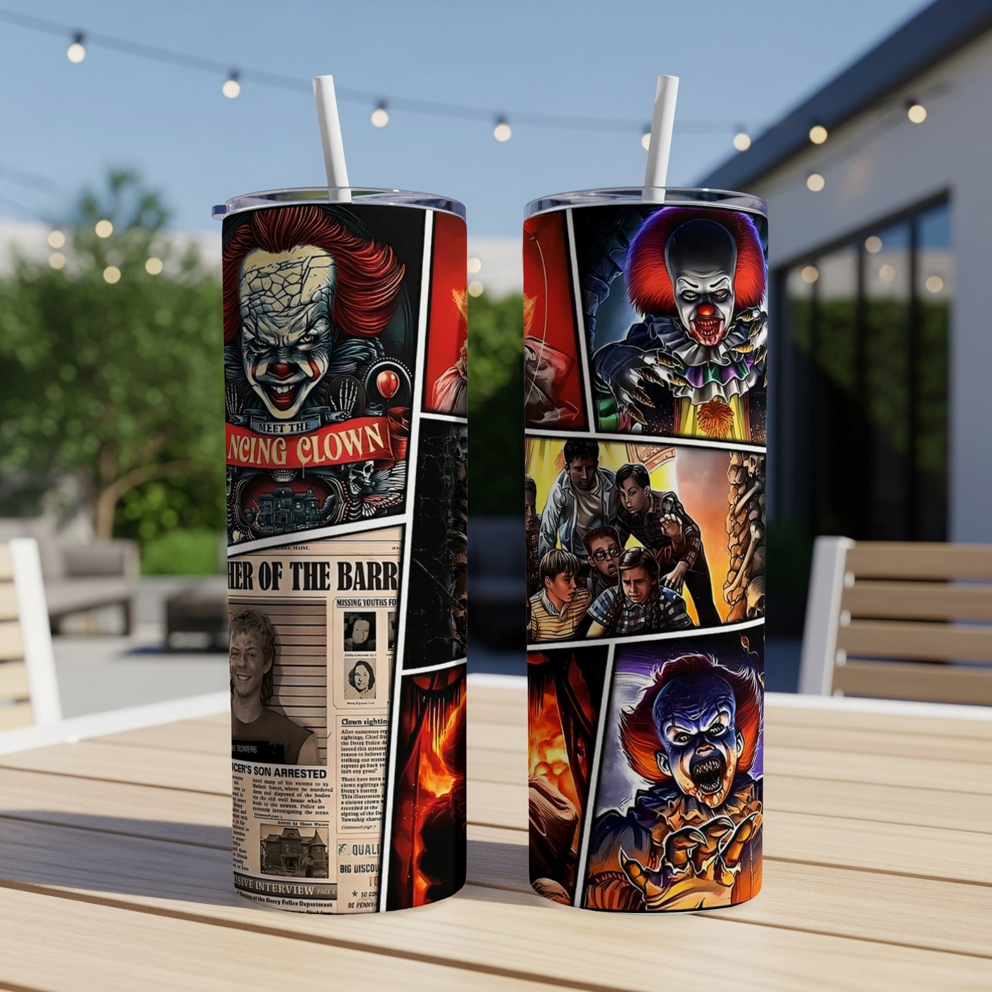 Two tumblers with comic-style horror clown and child group artwork.