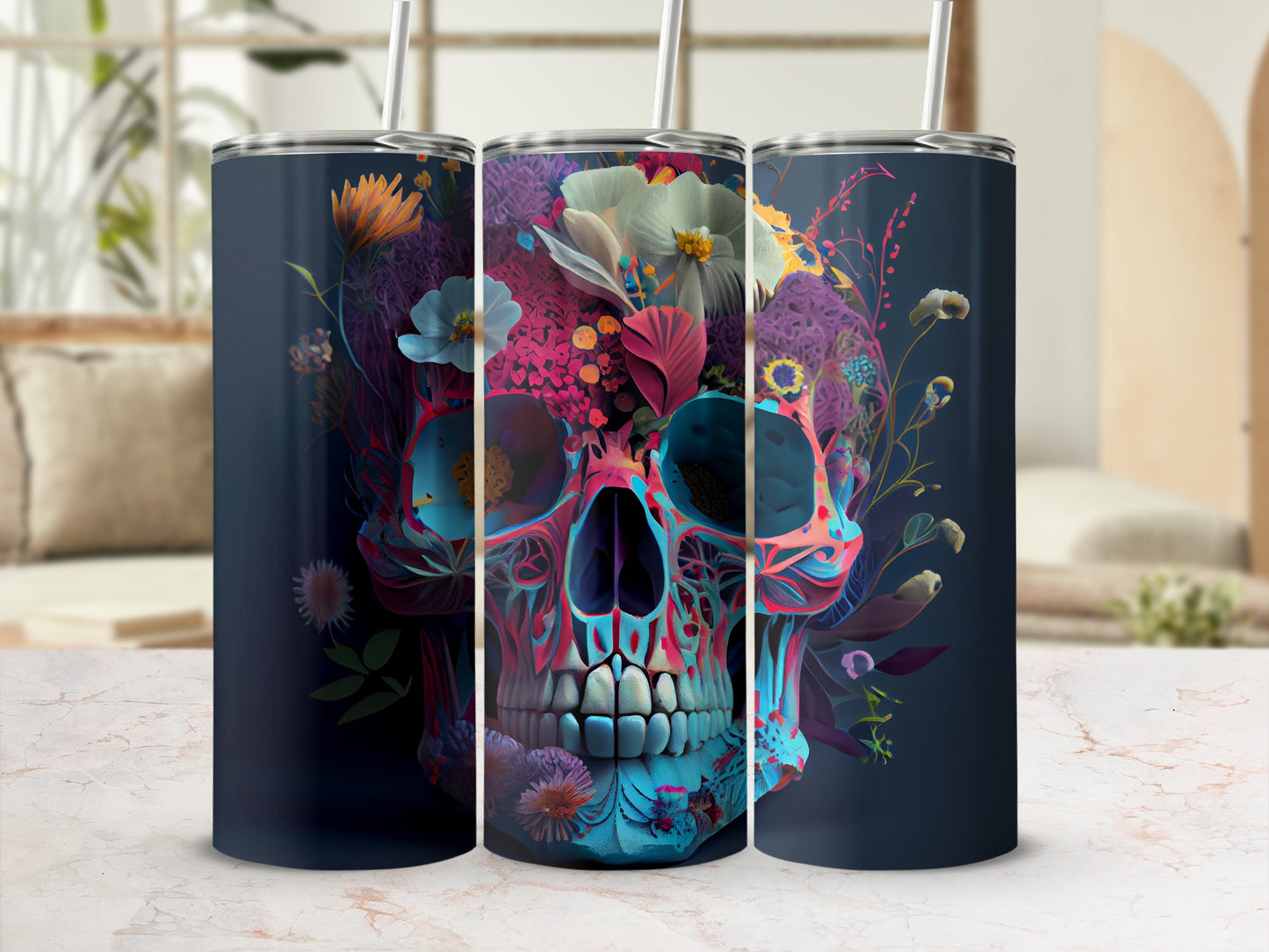 Vibrant Floral Skull Design Stainless Steel Tumbler