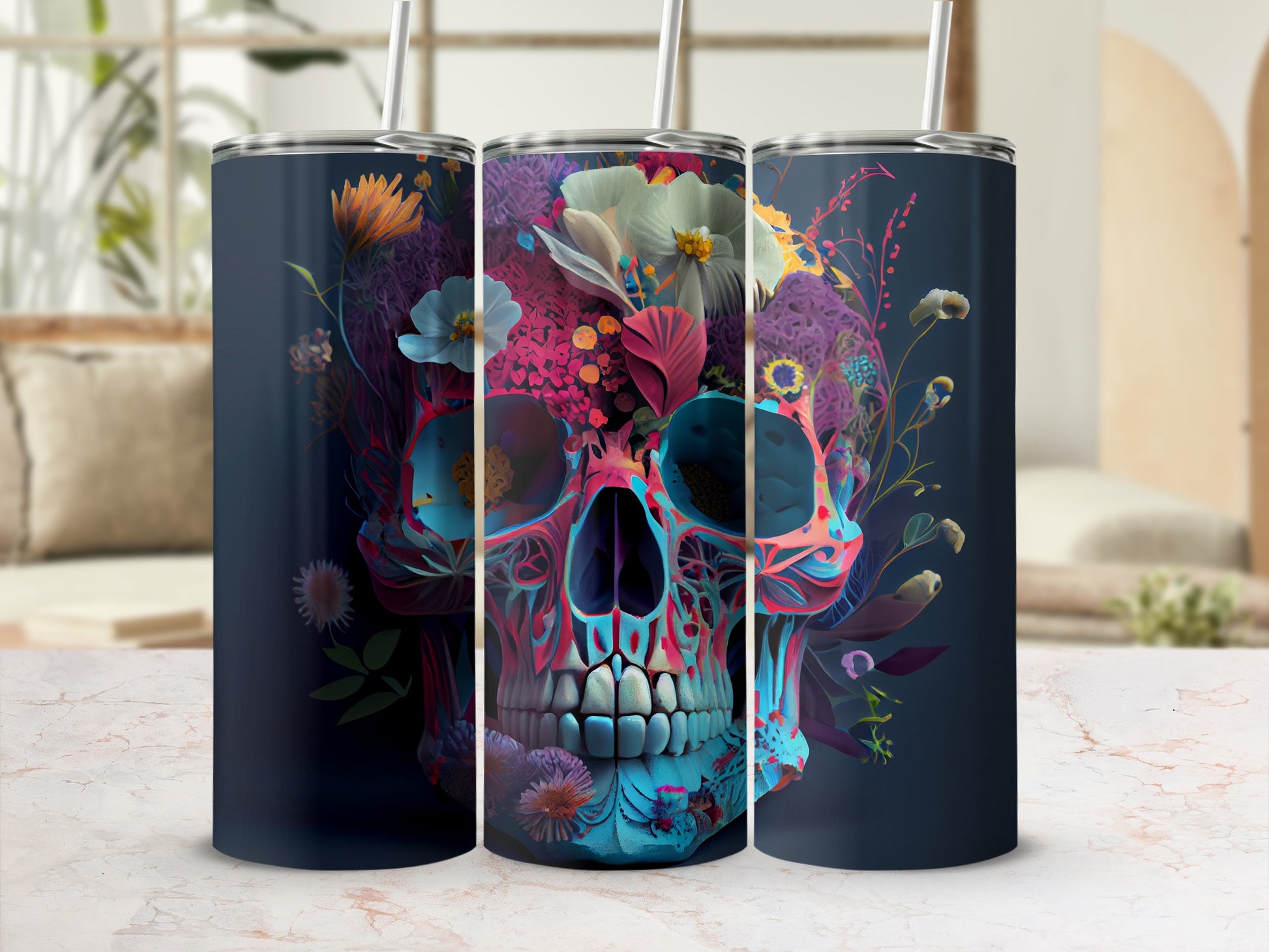 Vibrant Floral Skull Design Stainless Steel Tumbler