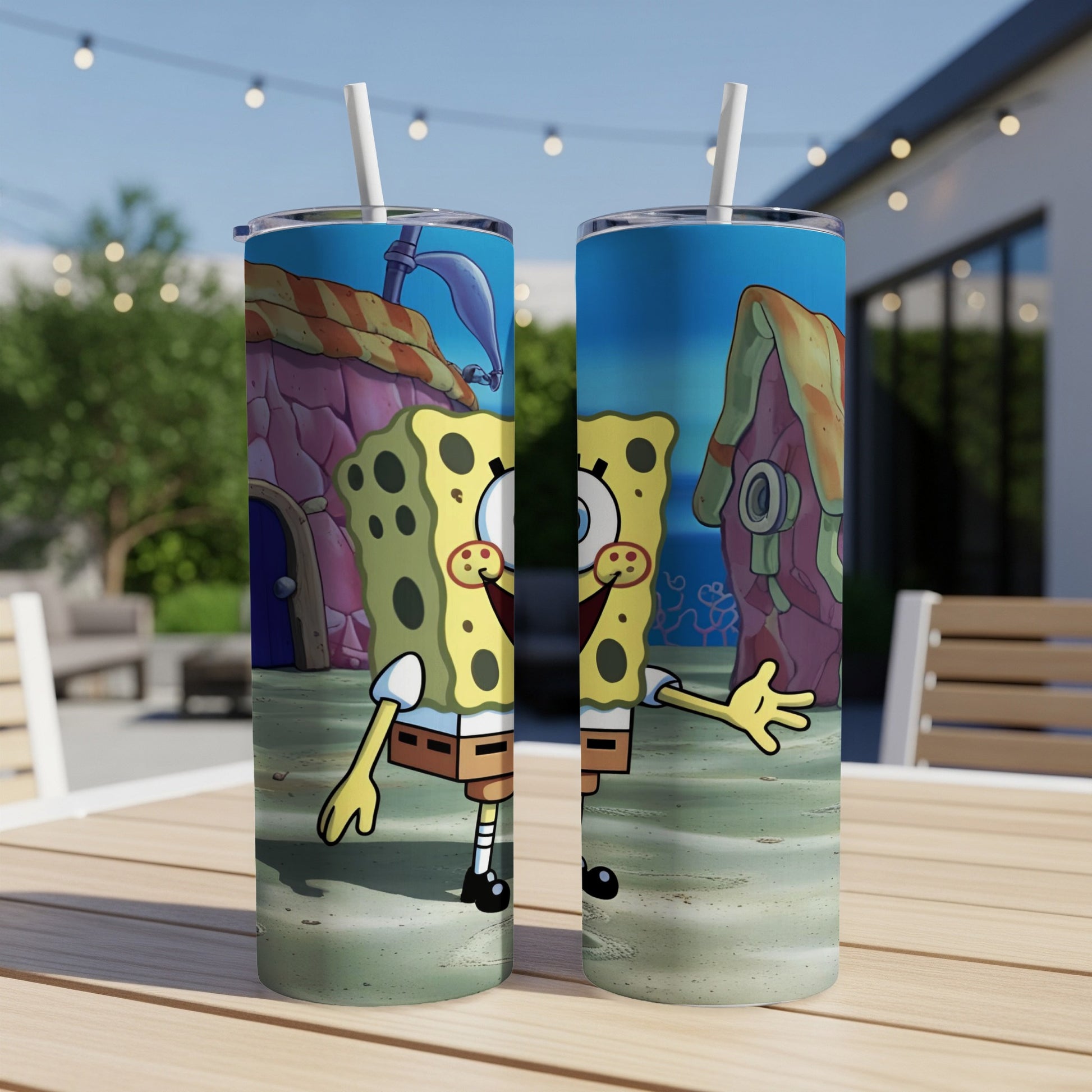 SpongeBob SquarePants on a beach, standing next to his pineapple house.