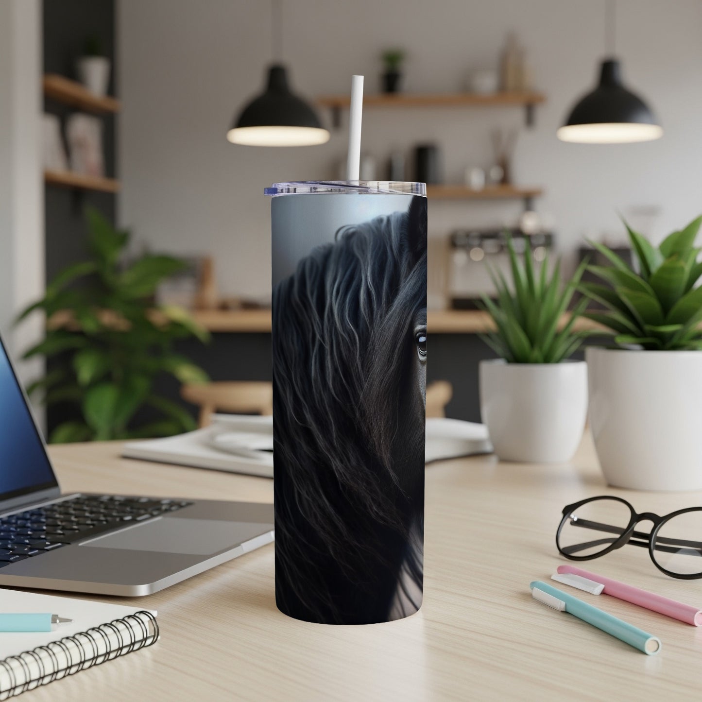 Black horse eye and mane on a tall white tumbler.