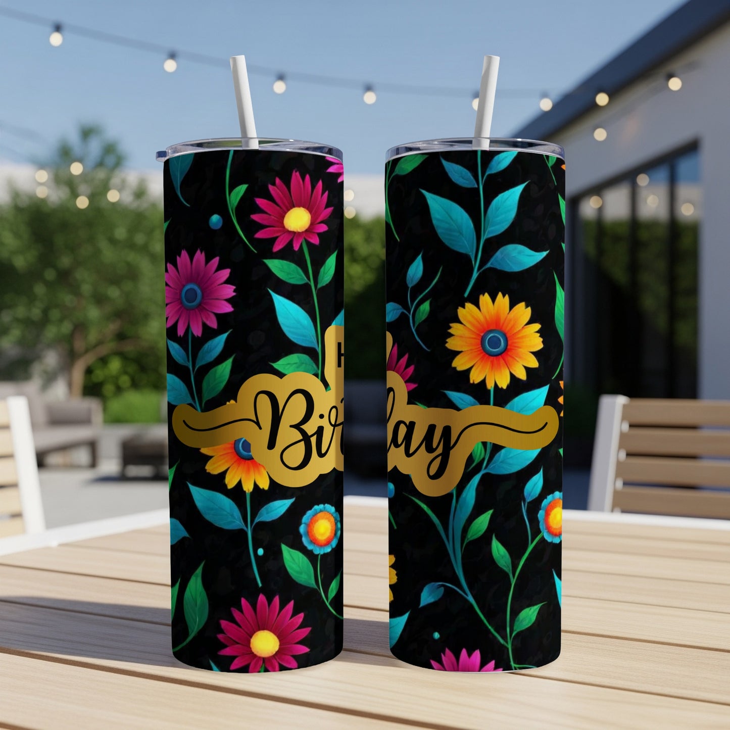 Birthday tumbler with floral pattern and gold banner.