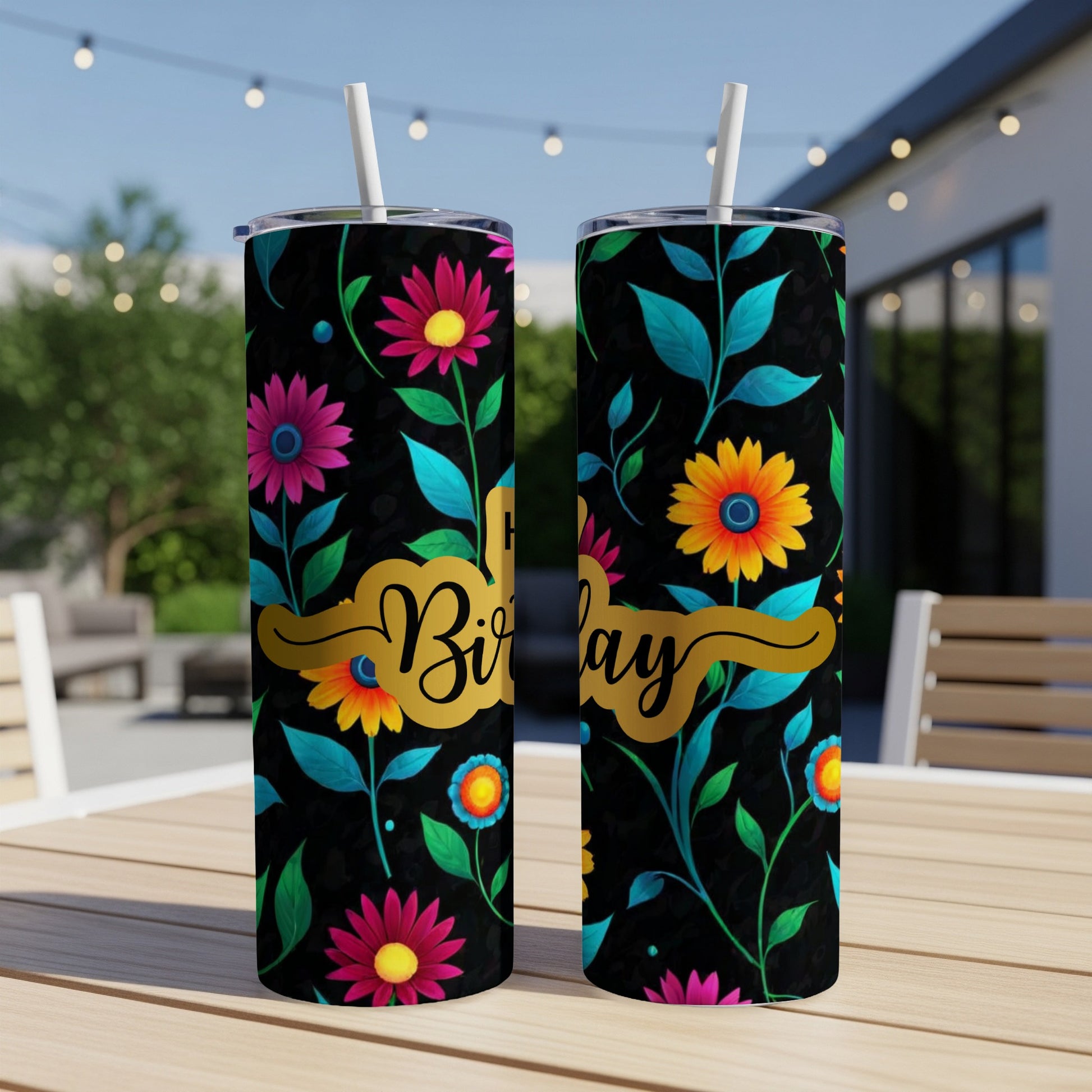 Birthday tumbler with floral pattern and gold banner.