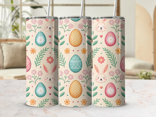 Easter-themed tumblers with bunnies, eggs, and floral patterns.