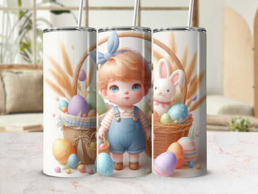 Easter tumbler with cartoon child, bunny, and colorful eggs in baskets.