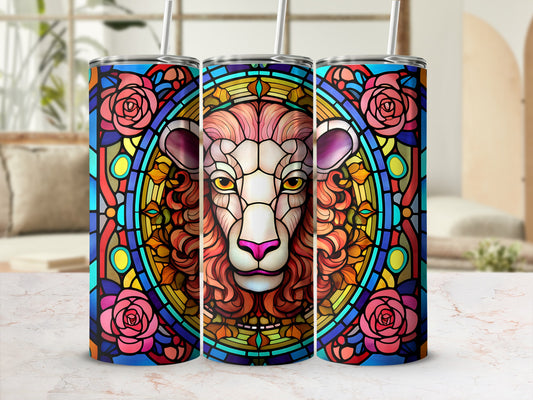Stained glass lion face with roses design on a tumbler.