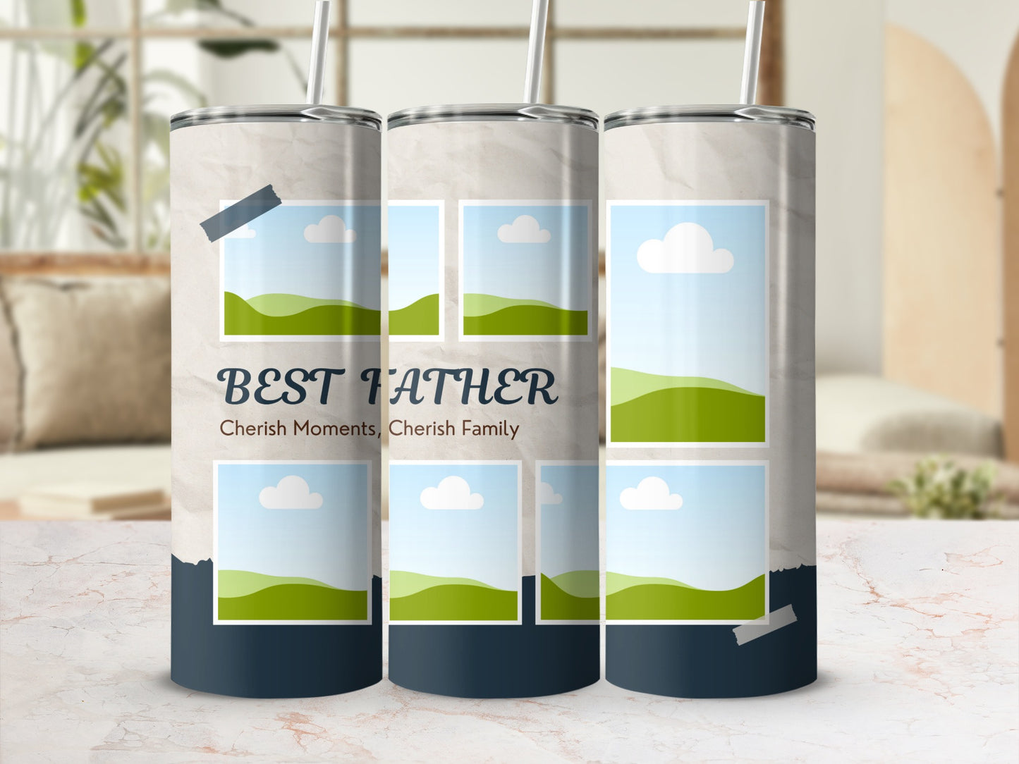 Tumbler with "BEST FATHER" text and photo placeholders.