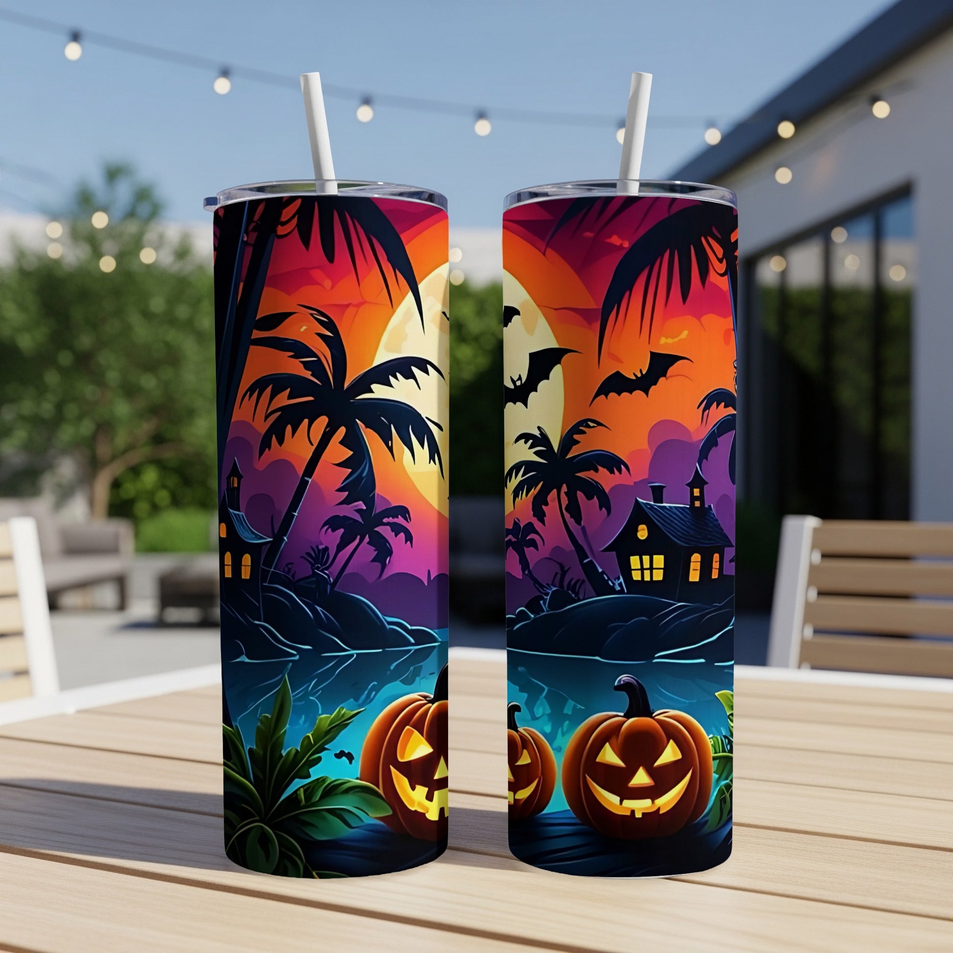 Two tumblers with Halloween tropical island scene and jack-o'-lanterns.