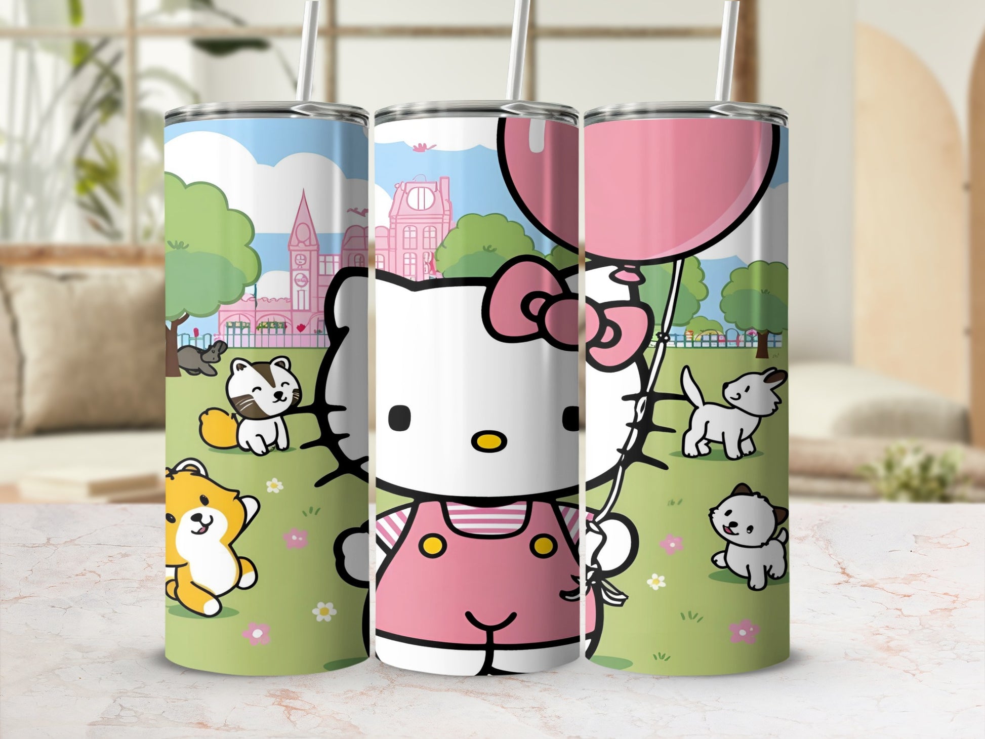 Hello Kitty in pink overalls holding a balloon with playful puppies and a squirrel.