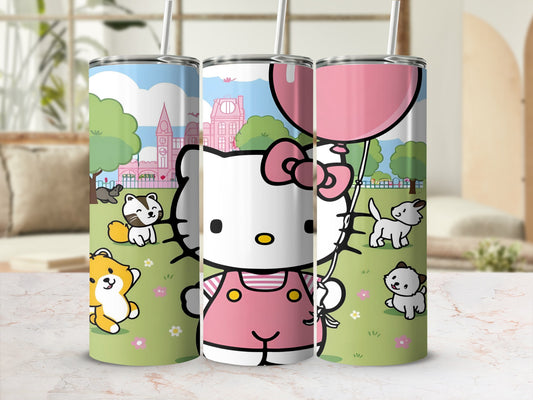 Hello Kitty in pink overalls holding a balloon with playful puppies and a squirrel.