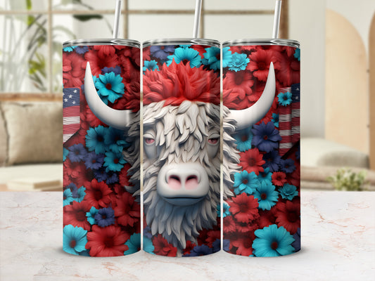 Highland cow with patriotic flowers and American flag pattern on a tumbler.