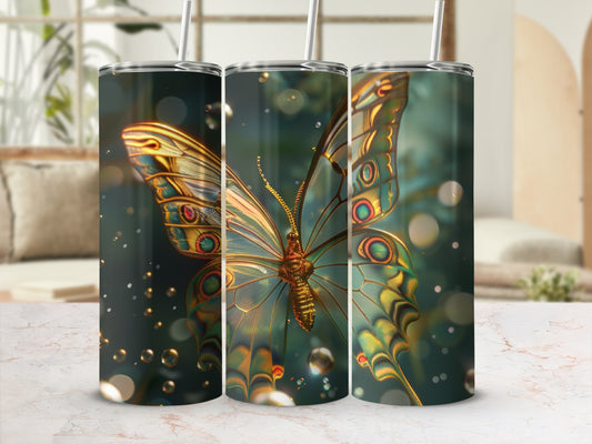 Three tumblers with a vibrant butterfly and bokeh effect.