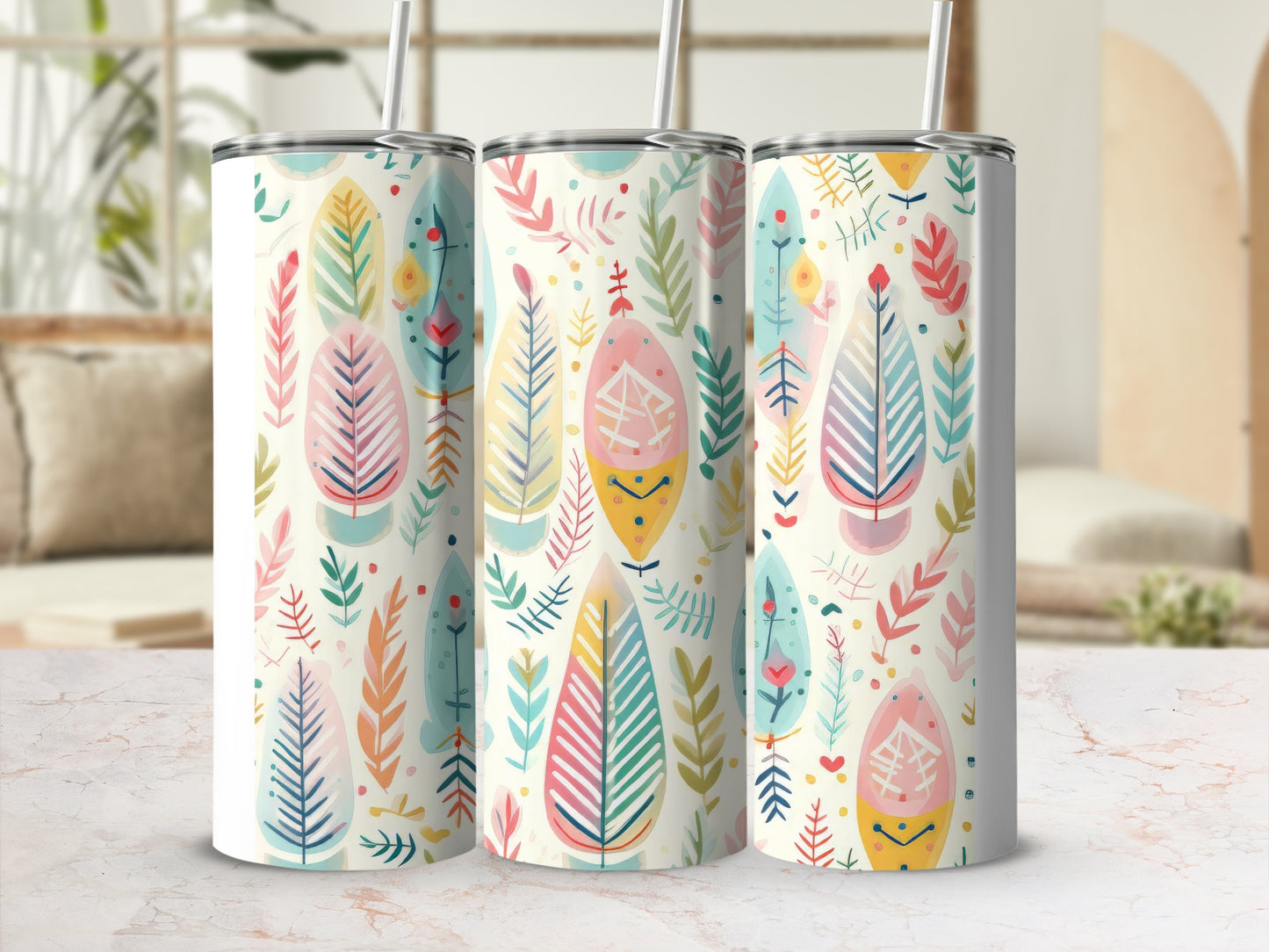 Colorful Leaves Pattern Insulated Tumbler Cup for Drinks