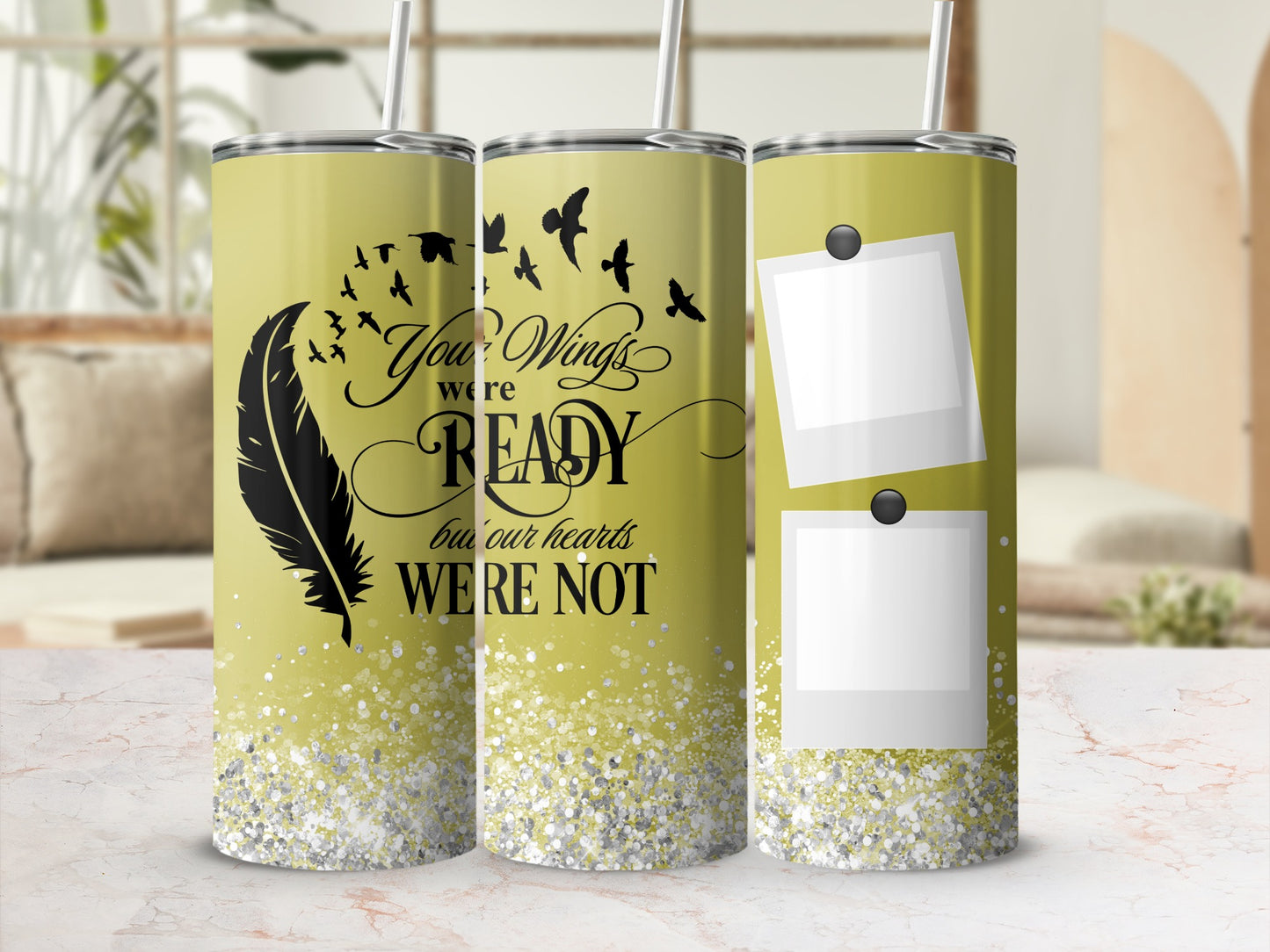Yellow tumbler with feather, birds, text, and photo frames.