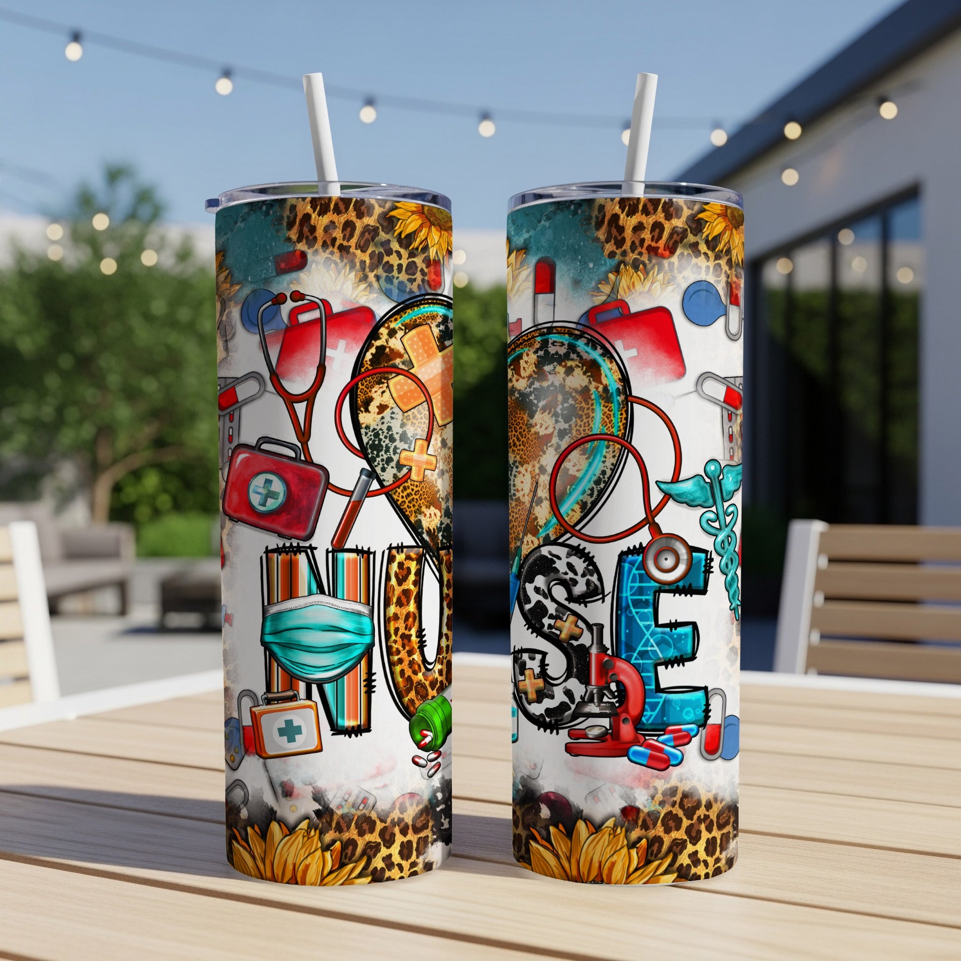Tumbler with "HOPE" design featuring medical icons and a leopard print background.