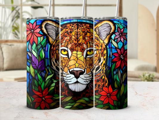 Leopard stained glass design on three tumblers with straws.