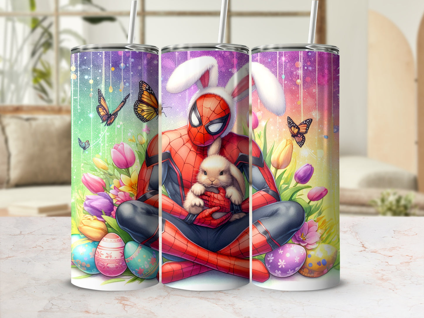 Spider Hero Holding Bunny Spring Easter Themed Tumbler