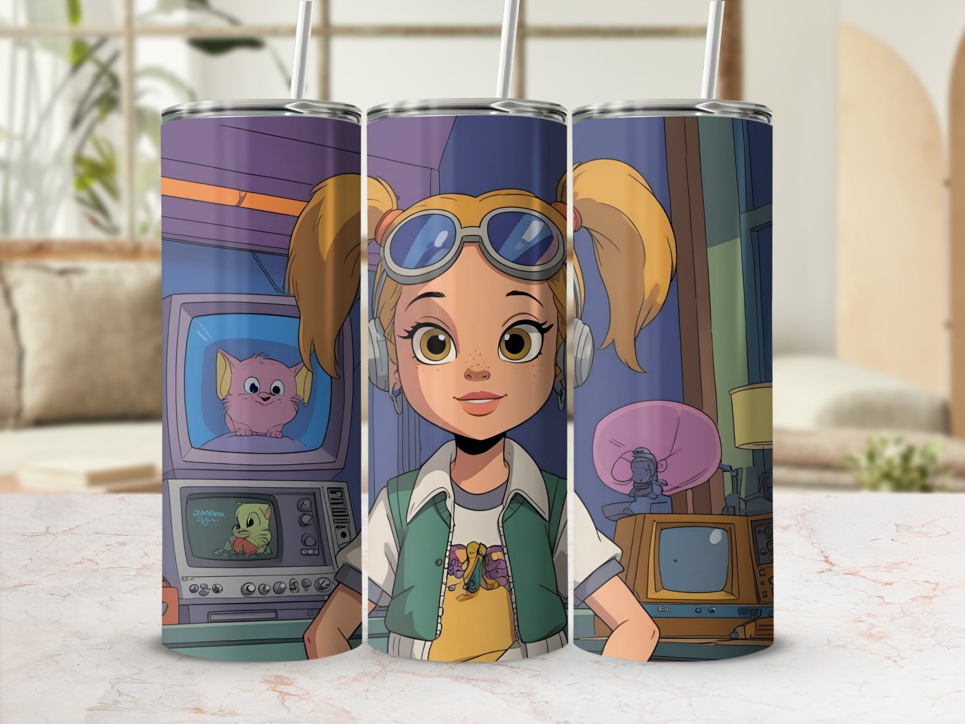 Cute Cartoon Girl with Gadgets Design Tumbler