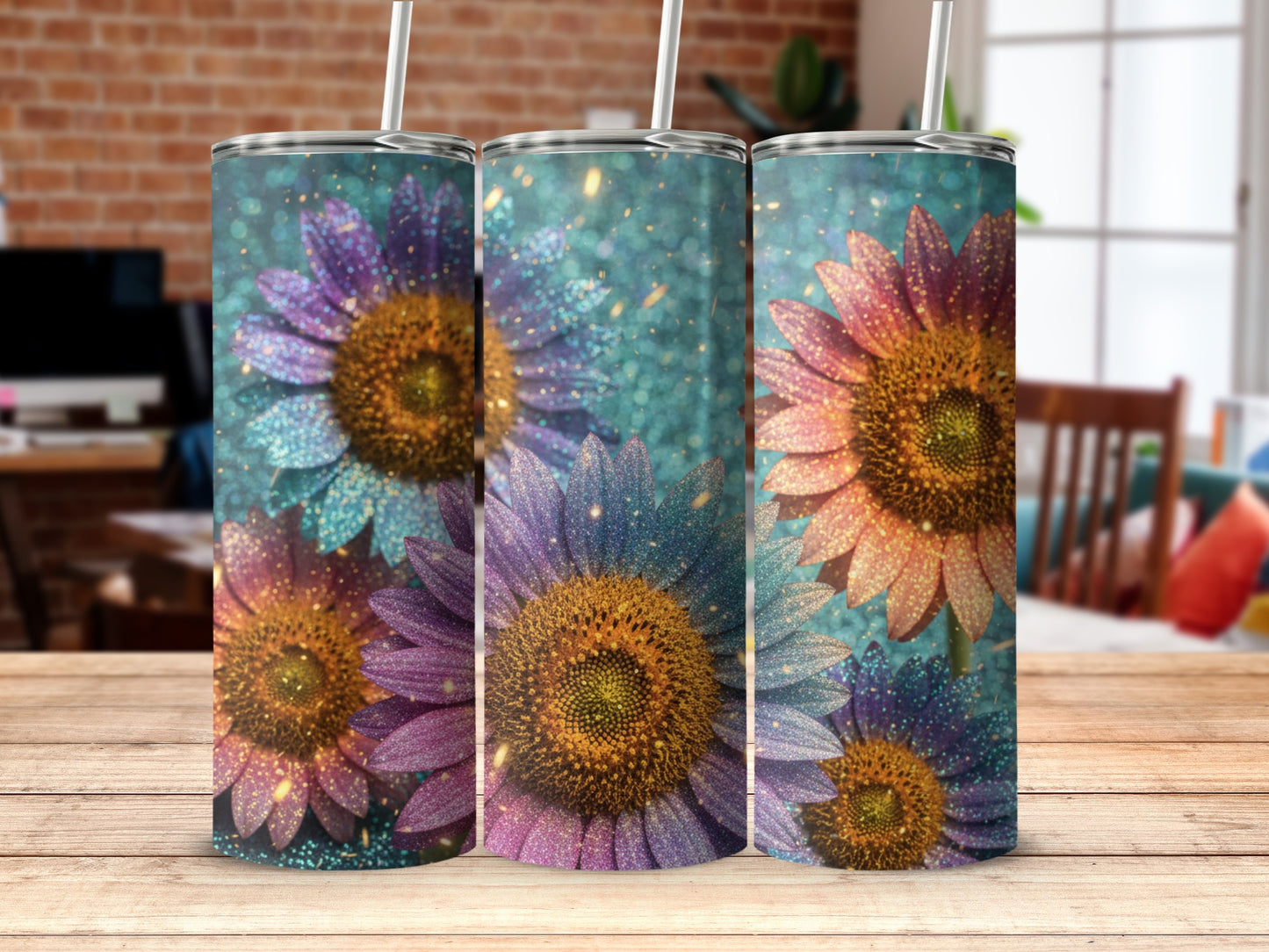 Vibrant Colorful Daisy Flower Print Tumbler Set