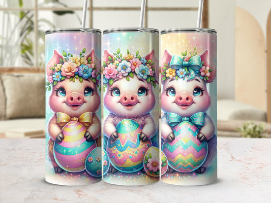 Three cartoon pigs in floral wreaths and bows holding Easter eggs.