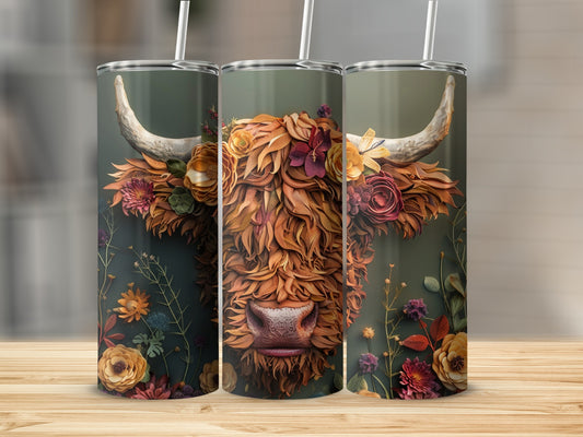 Highland cow with floral mane and horn detail on a tumbler.