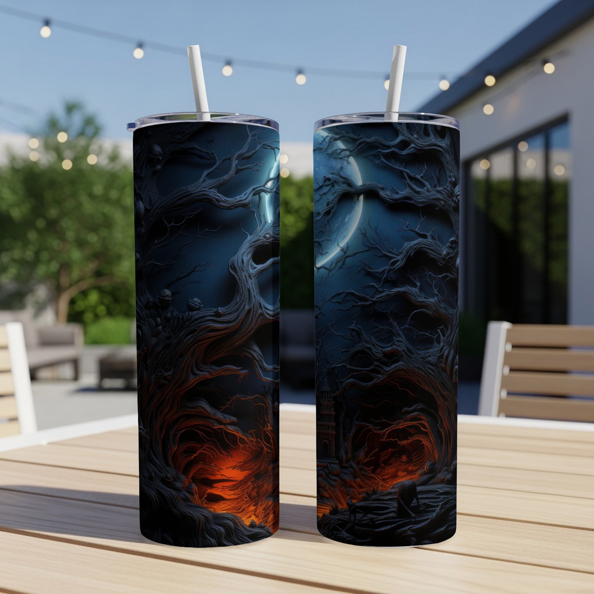 Two tumblers with dark, twisted forest and moon designs.