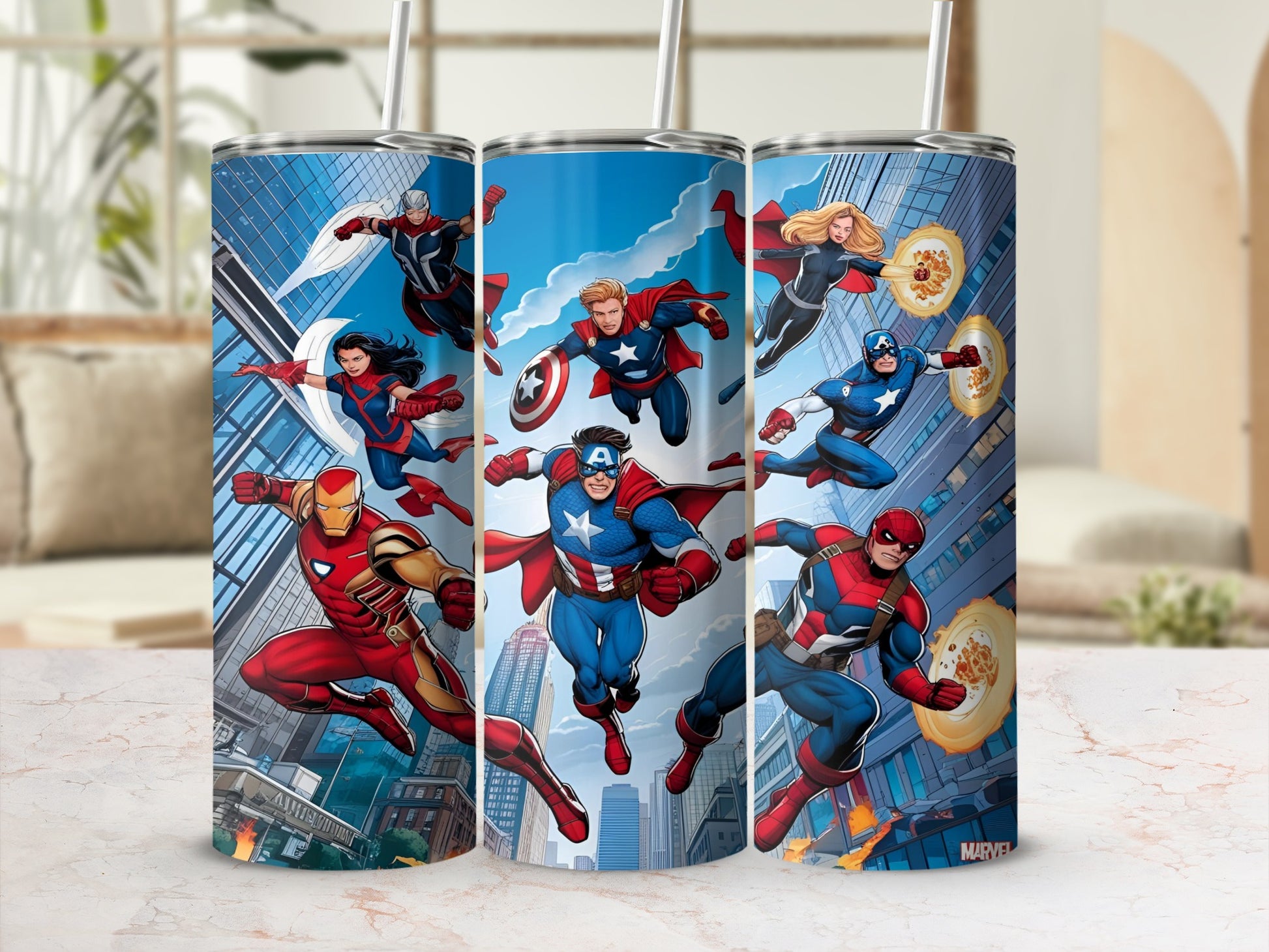 Three Marvel superheroes on a cityscape background, including Captain America, Iron Man, and Spider-Man.