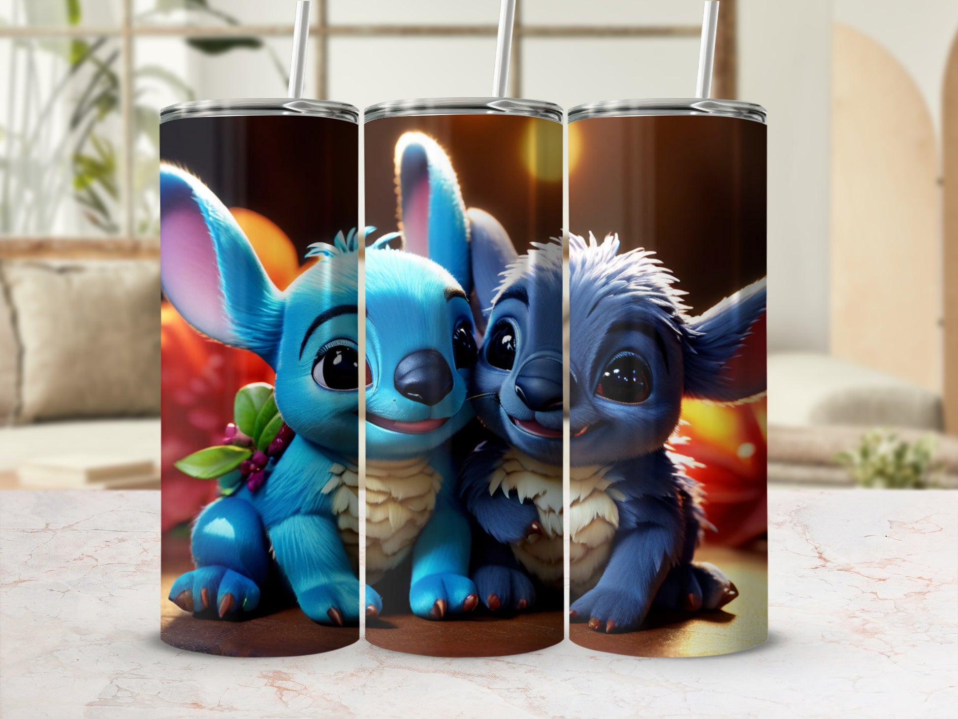 Two cute Stitch characters on a patterned tumbler with blurred background.