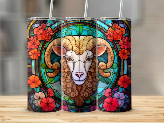 Stained glass Aries ram with floral border on three tumblers.
