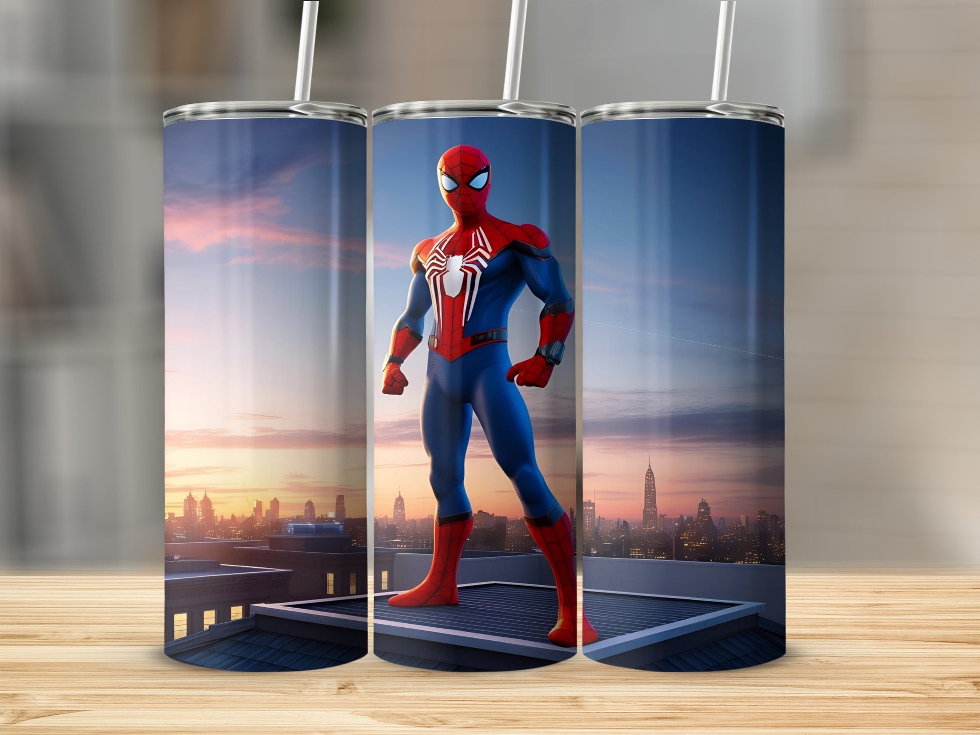 Spider-Man in costume standing on a rooftop against a city skyline.