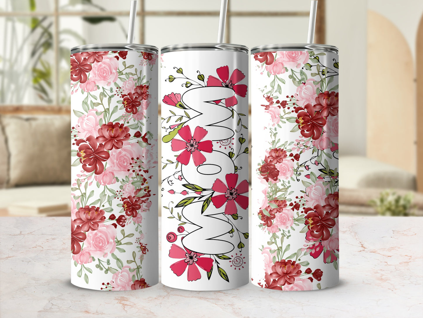 Floral Design MOM Tumbler with Straw Beverage Holder