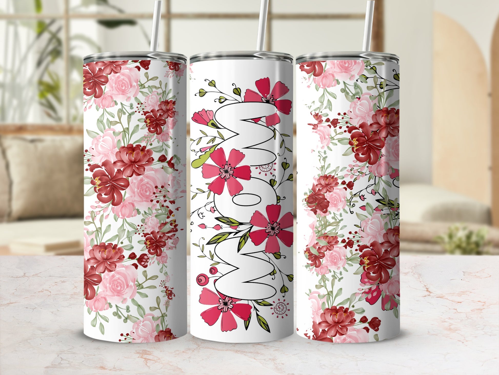 Floral Design MOM Tumbler with Straw Beverage Holder
