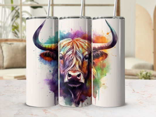 Watercolor Highland cow design on three white tumblers with straws.