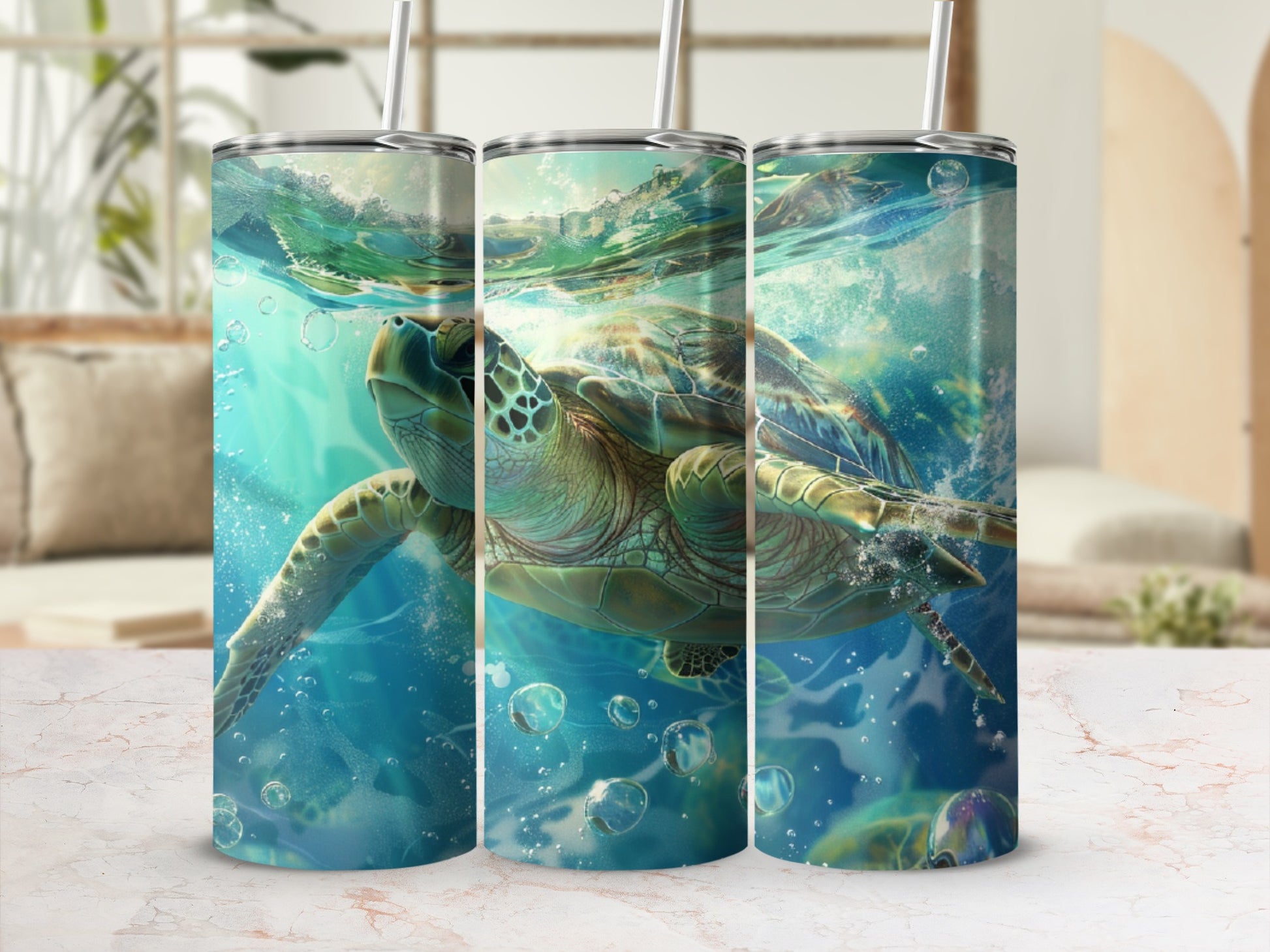 Sea turtle swimming underwater with bubbles and sunlight.