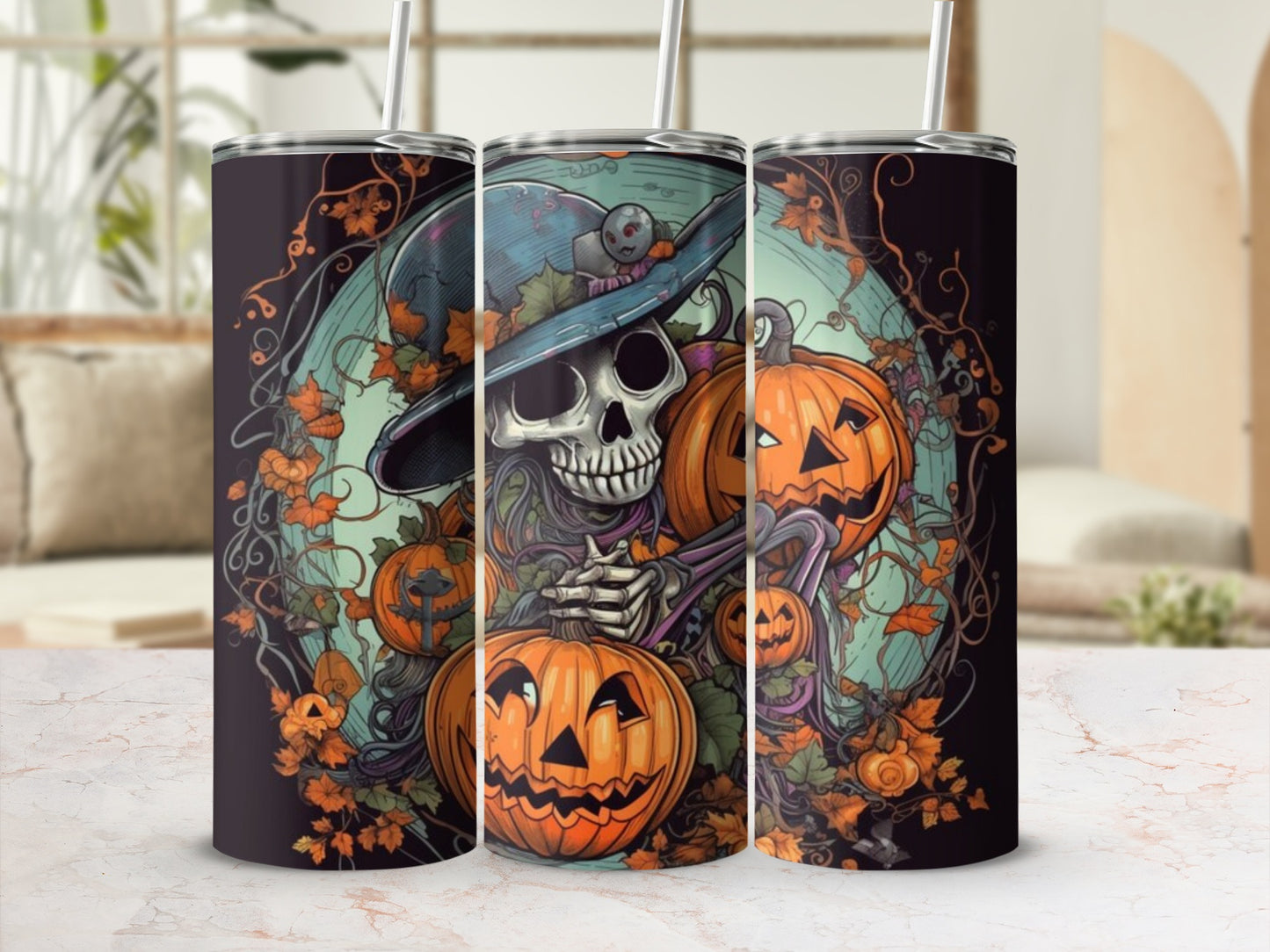 Halloween tumbler with a skeleton, pumpkins, and fall leaves design.