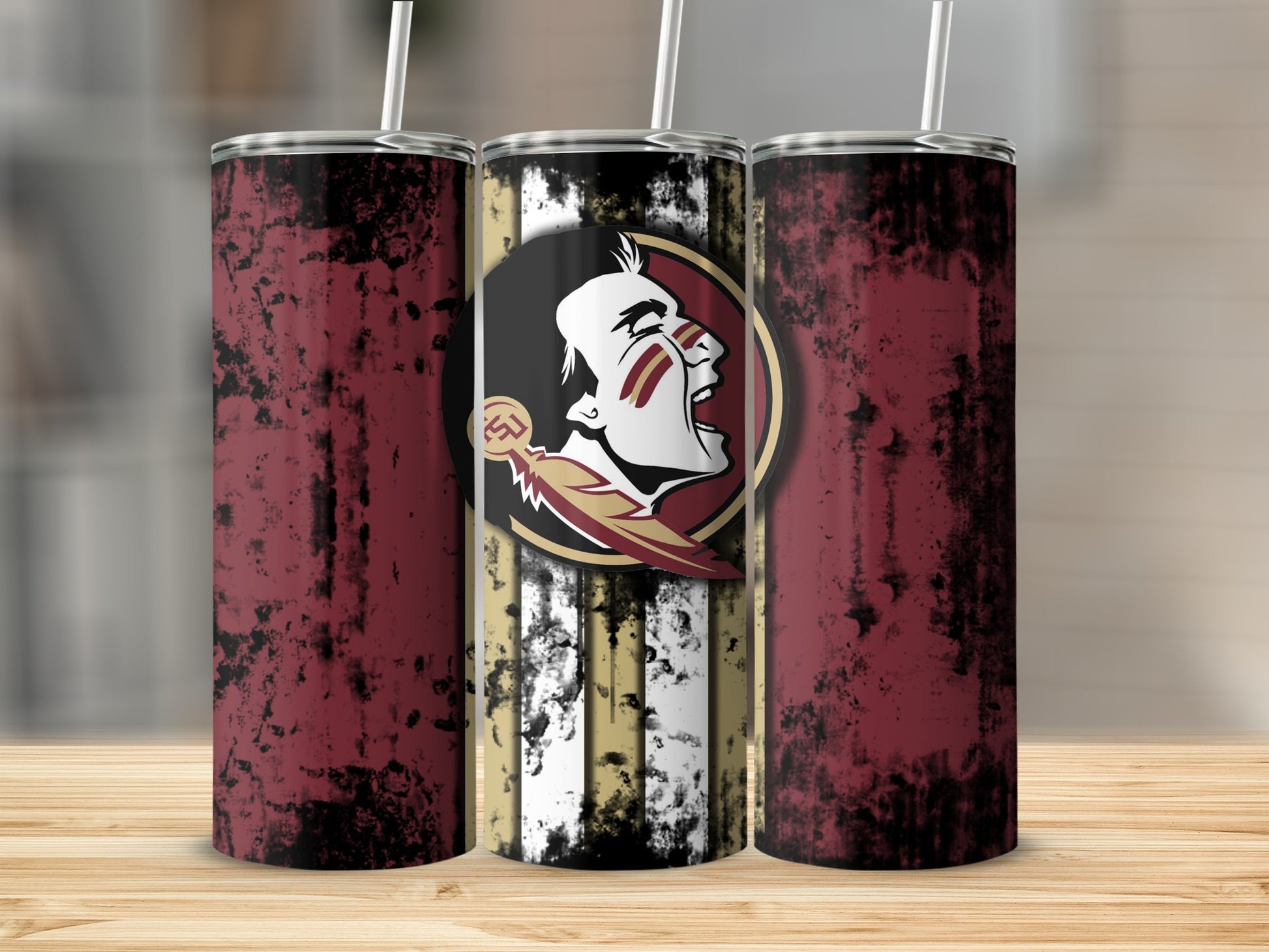 Three tumblers with distressed Florida State Seminoles logo and stripes.