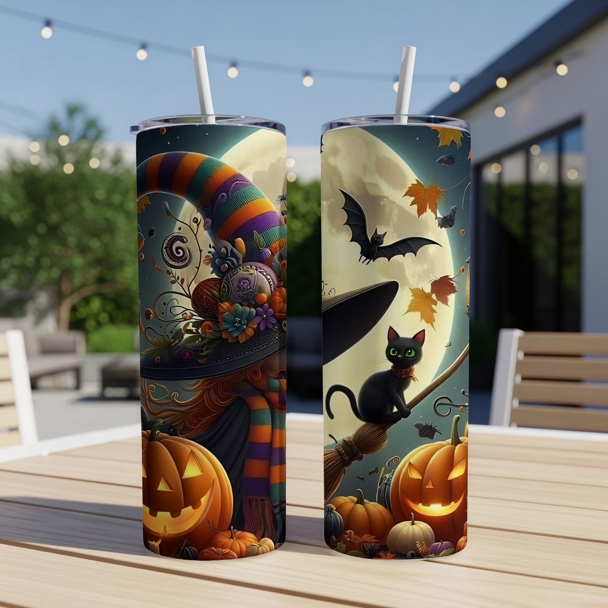 Two tumblers with Halloween designs featuring a witch, cat, pumpkins, and bats on a moonlit night.