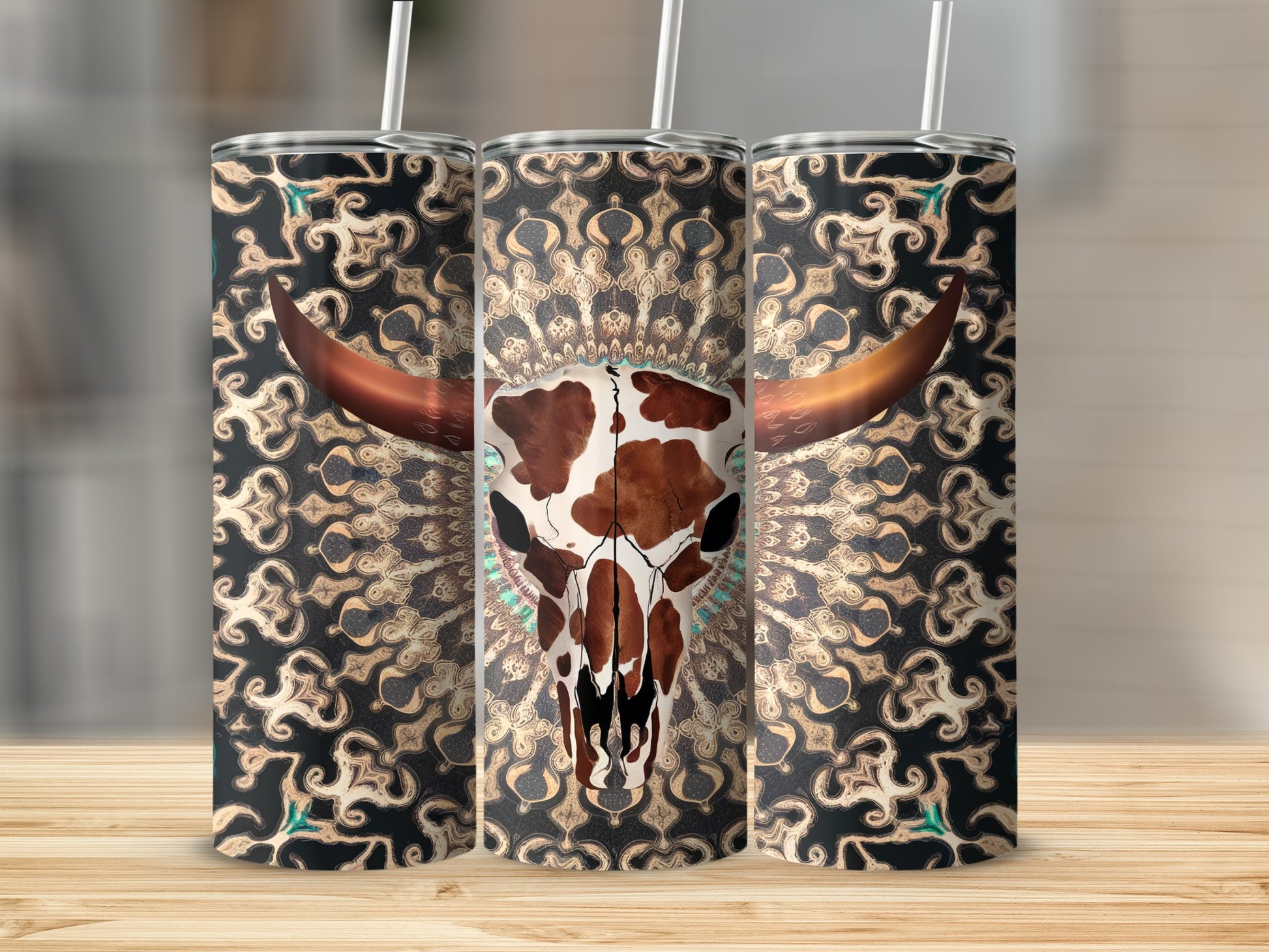 Tall tumbler with a bull skull and ornate mandala pattern.