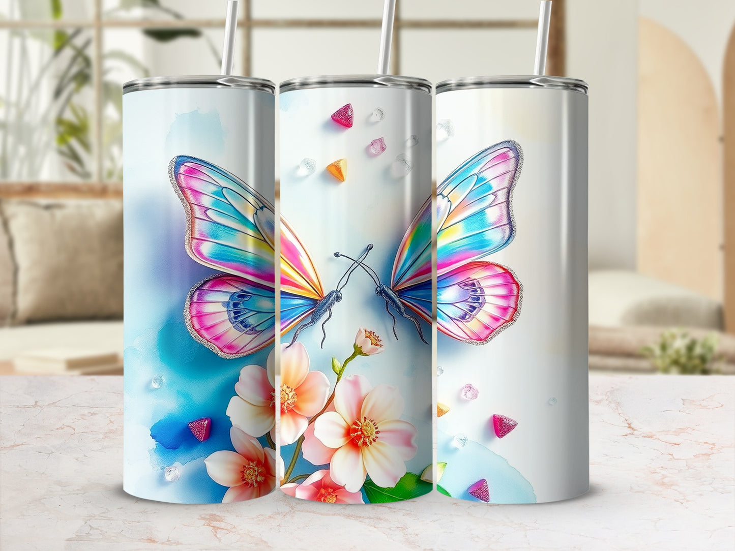 Two colorful butterflies with floral accents and scattered gems on cylindrical tumblers.