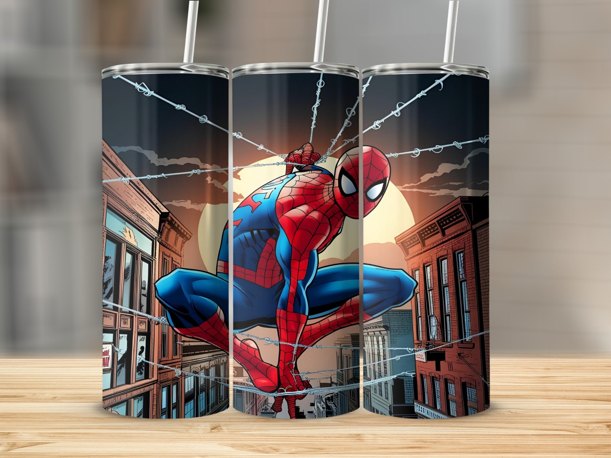 Spiderman crouching on a web between buildings, sun setting behind him.