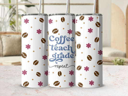 Coffee Teach Grade repeat tumbler with floral and coffee bean pattern.