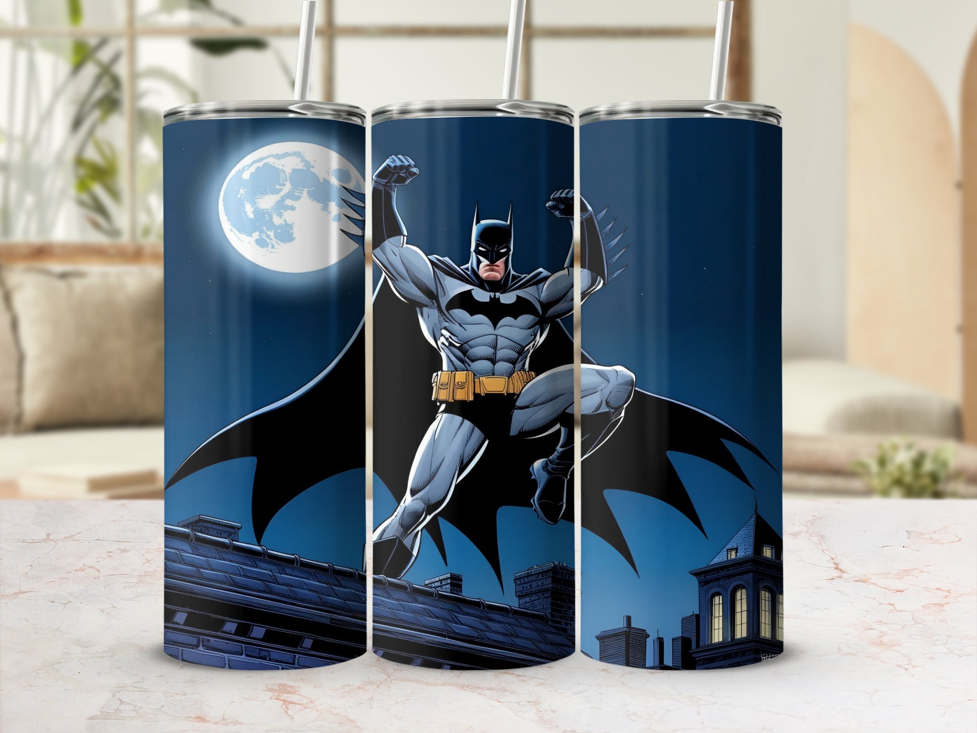 Batman in dynamic pose on rooftop against full moon and cityscape.