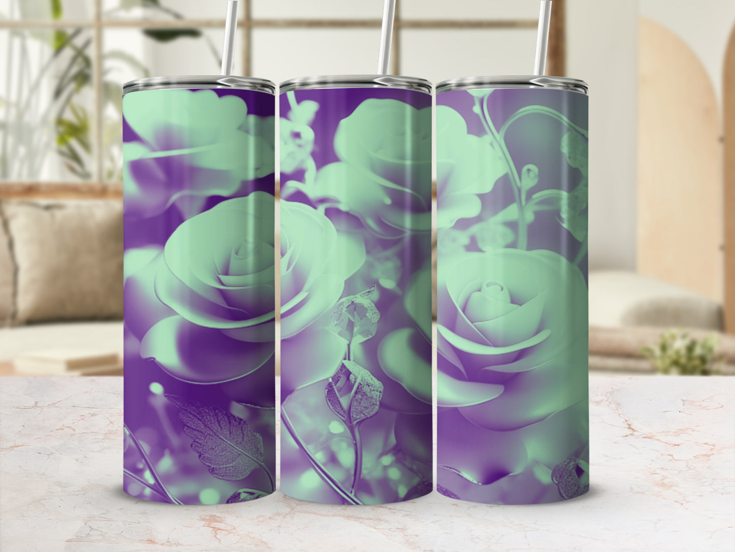 Three purple tumblers with a floral rose pattern.