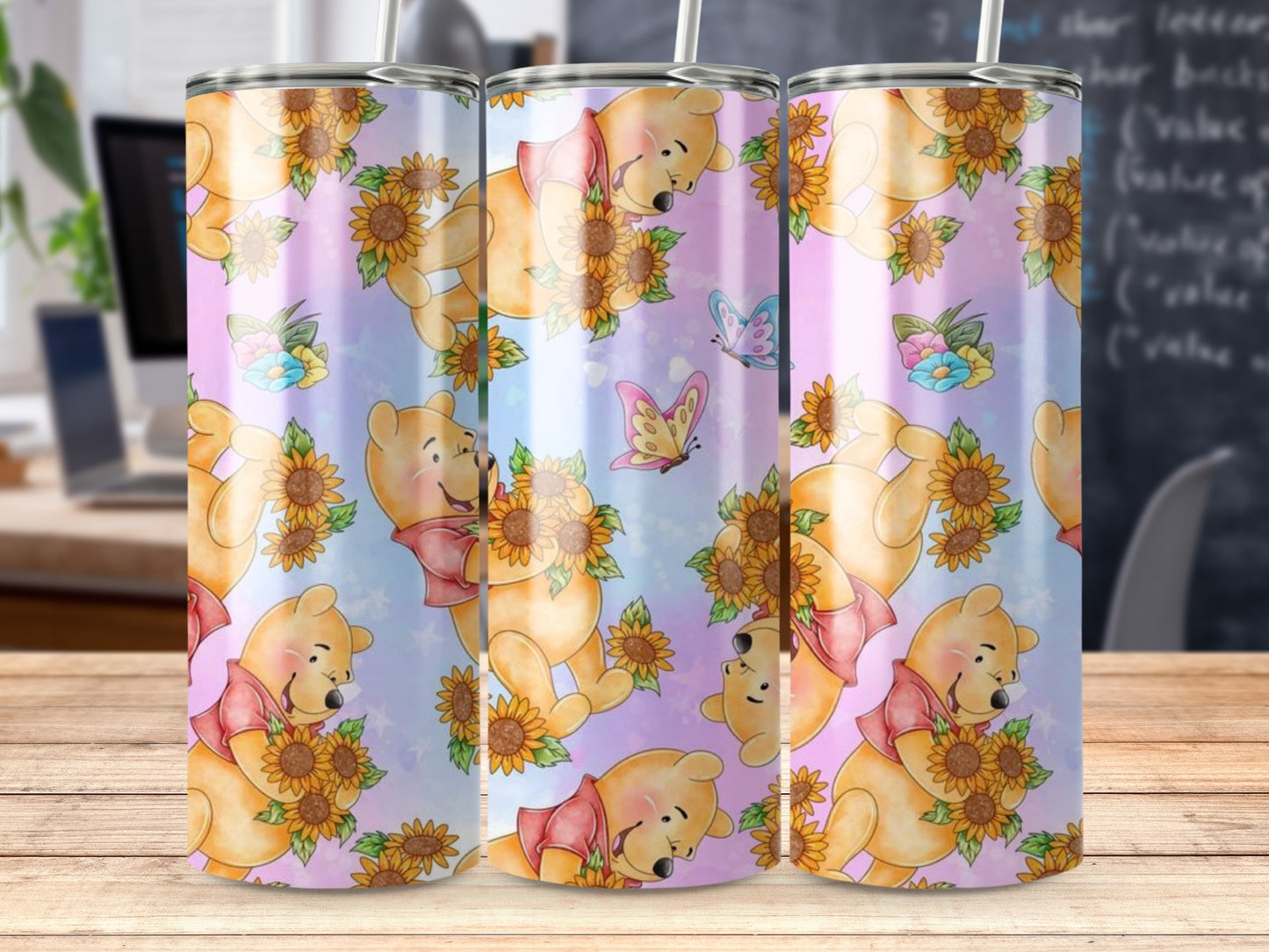 Cute Winnie The Pooh Sunflowers and Butterflies Tumbler