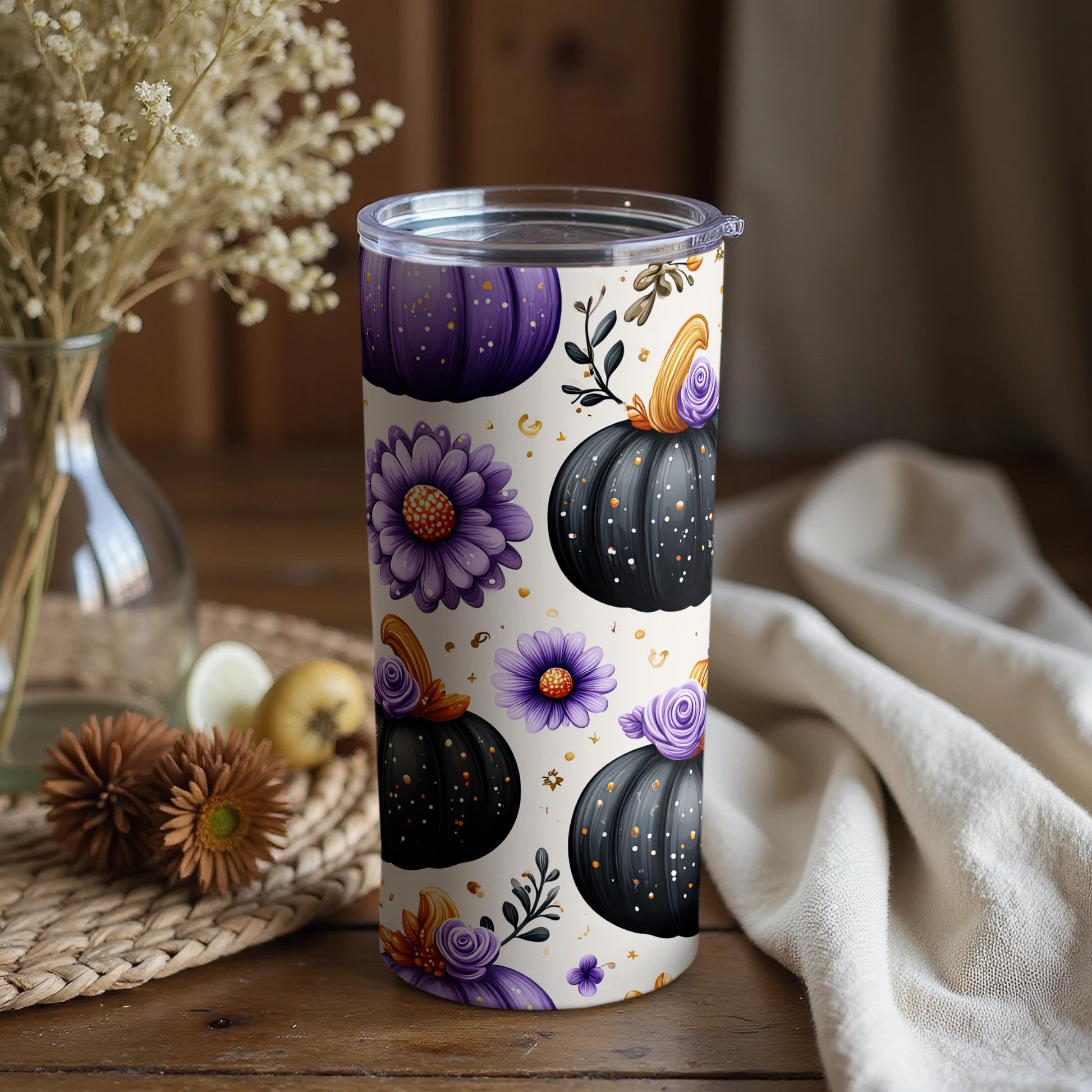 Purple and Black Pumpkin Floral 20oz Tumbler