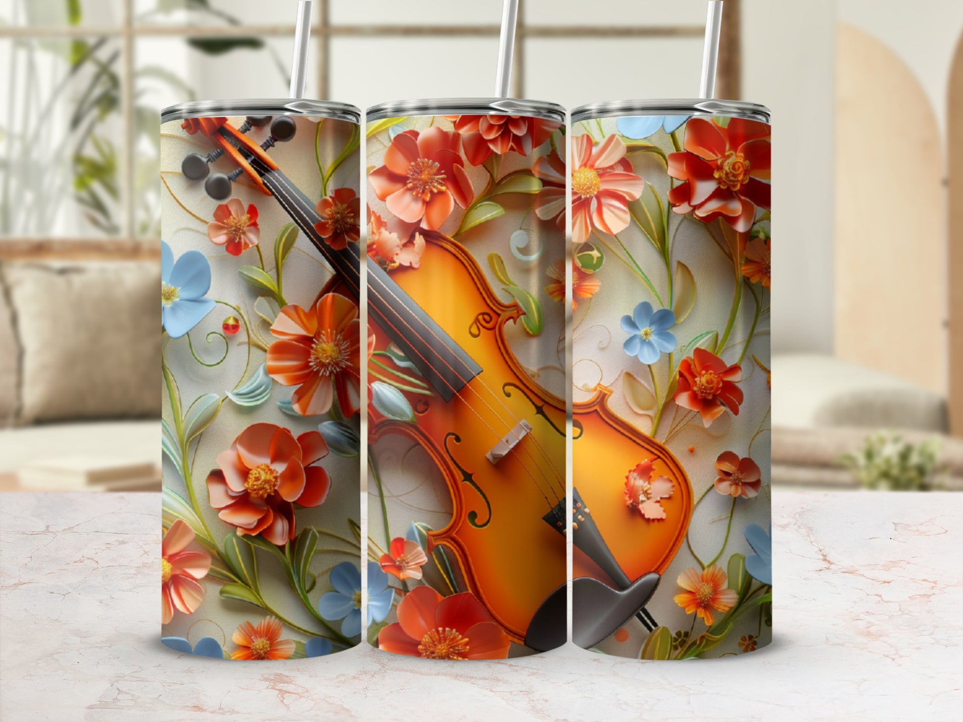 Violin with orange and blue floral pattern on a white background.